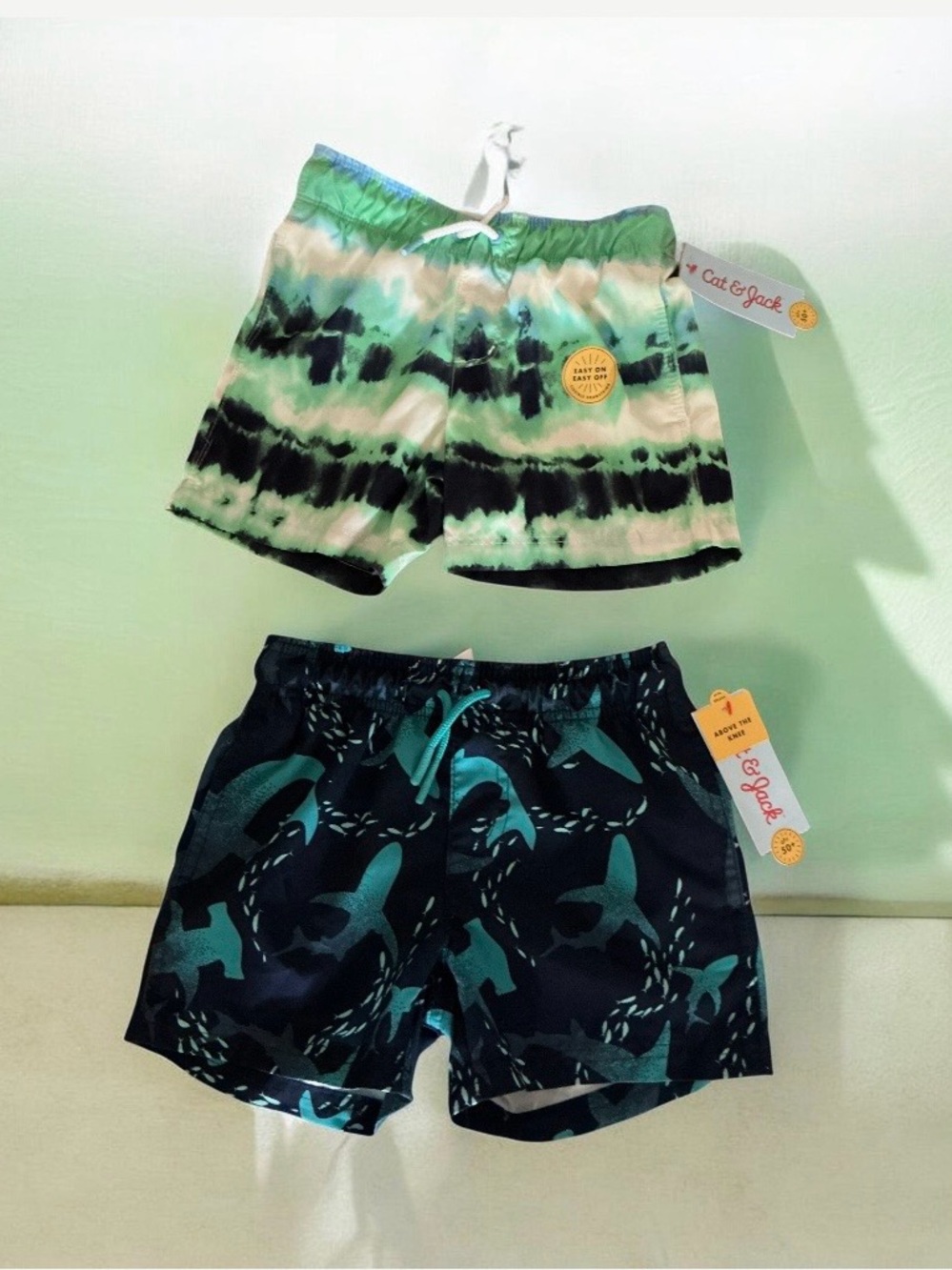 Lot of 2 Kids Swim Shorts - Green Tie-Dye & Navy Shark Print